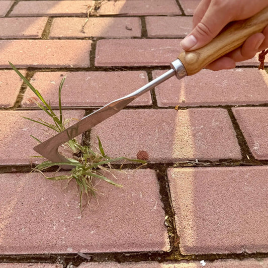 Manual Grass Puller Tool, 12" Stainless Steel Crevice Cleaner with Beech Handle